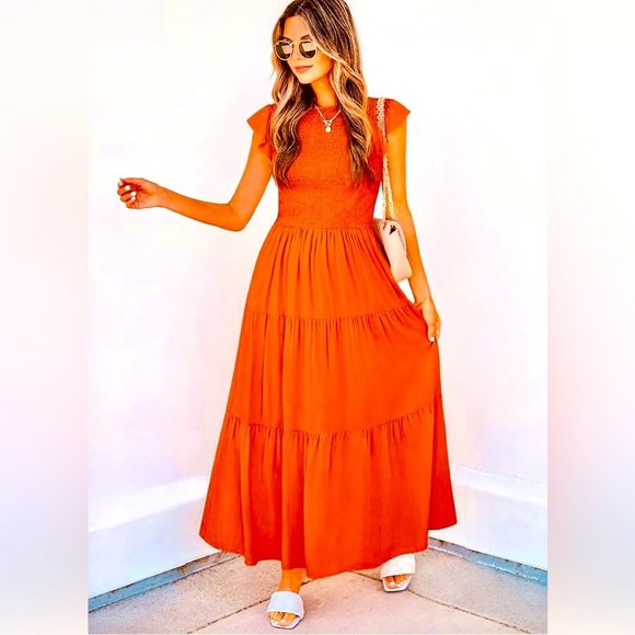 zesica Dresses & Skirts - ZESICA 2025 Summer Casual Flutter Sleeve Smocked Elastic Waist Tiered Midi Dress